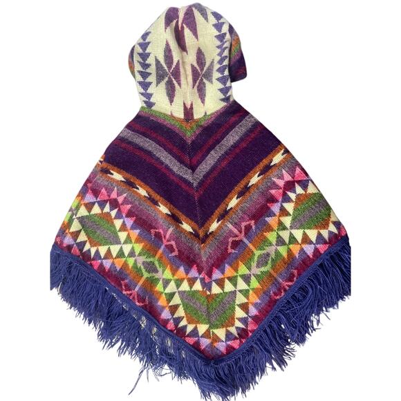 Handmade Toddler Alpaca Wool Poncho with Fringe Hooded Colorful Boho Toddler - Picture 2 of 11